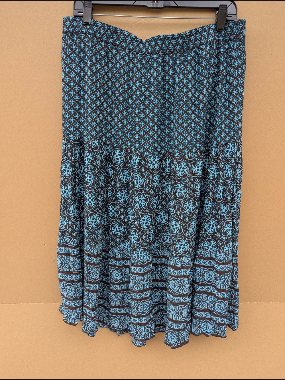 Sag Harbor Medallion Midi Skirt Boho Tiered Geometric Sz L Blue Brown Festival